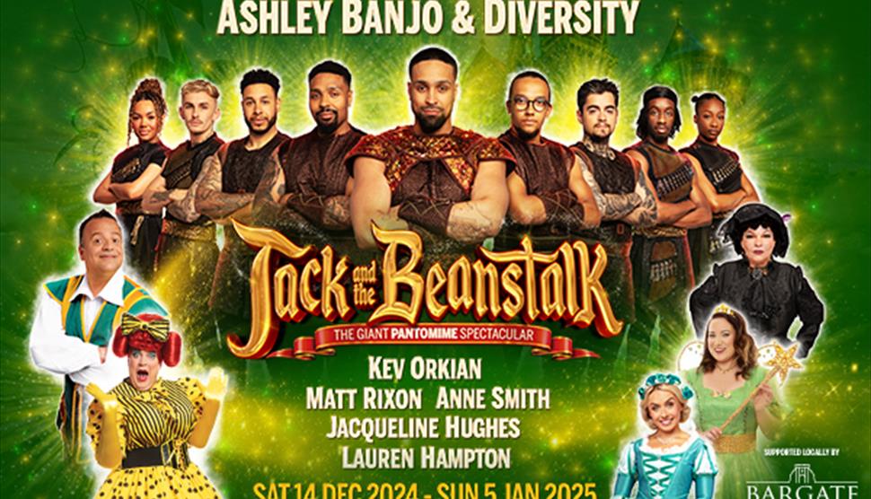 Diversity stand in a line with Matt Rixon as Dame Trot, Anne Smith as Mrs Blunderbore, Jacqueline Hughes as The Spirit of the Beans, and Lauren Hampto
