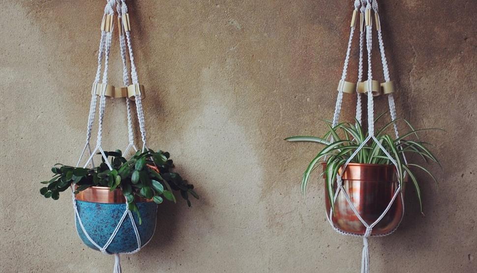 Photograph of two Macrame Pot Hangers on a wall