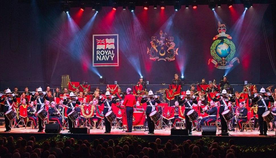 The Massed Bands of His Majesty's Royal Marines on stage at Portsmouth Guildhall