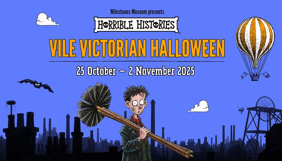 A purple background, illustrated chimney sweep and it says Horrible Histories Vile Victorian Halloween