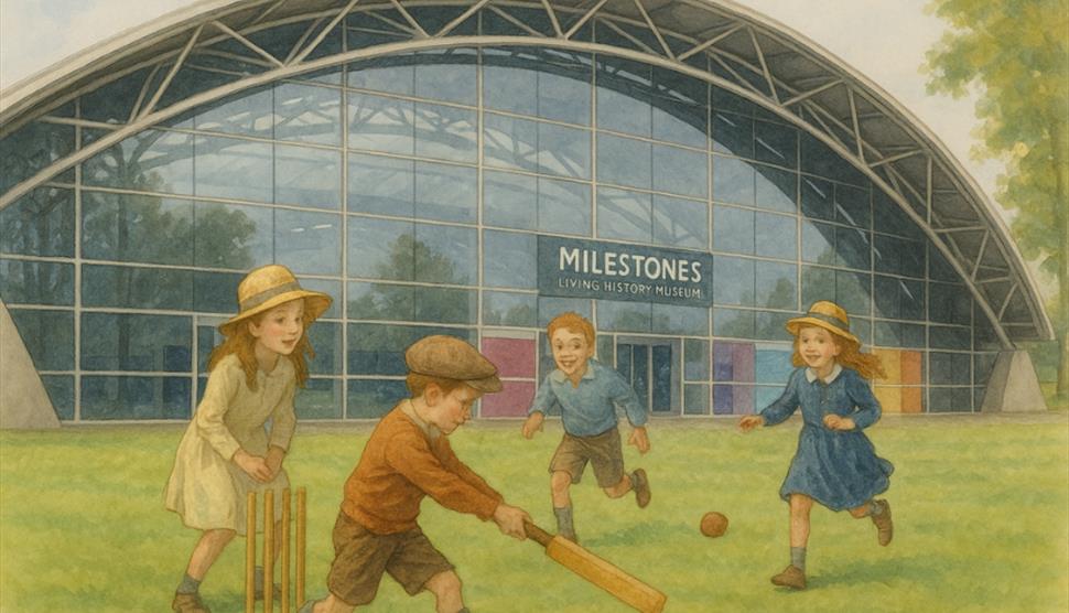 Children playing outdoor games in front on Milestones Museum
