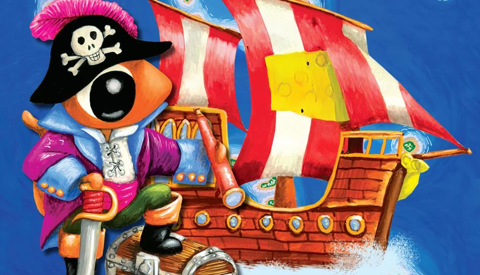 A mouse dressed as a pirate stands with one foot on a treasure chest in front of a pirate ship on a blue background.
