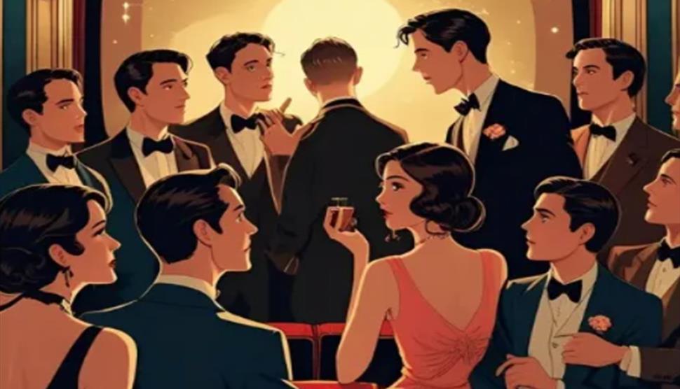 Cartoon showing two women and a number of men in dinner jackets.