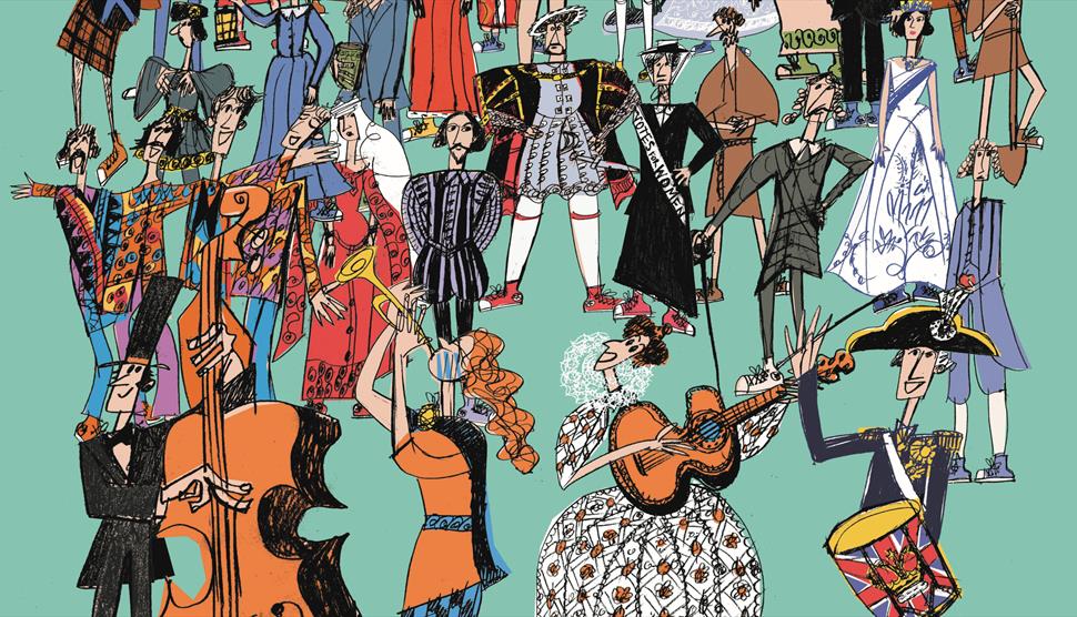 A playful cartoon illustration depicts historic characters on a green background.