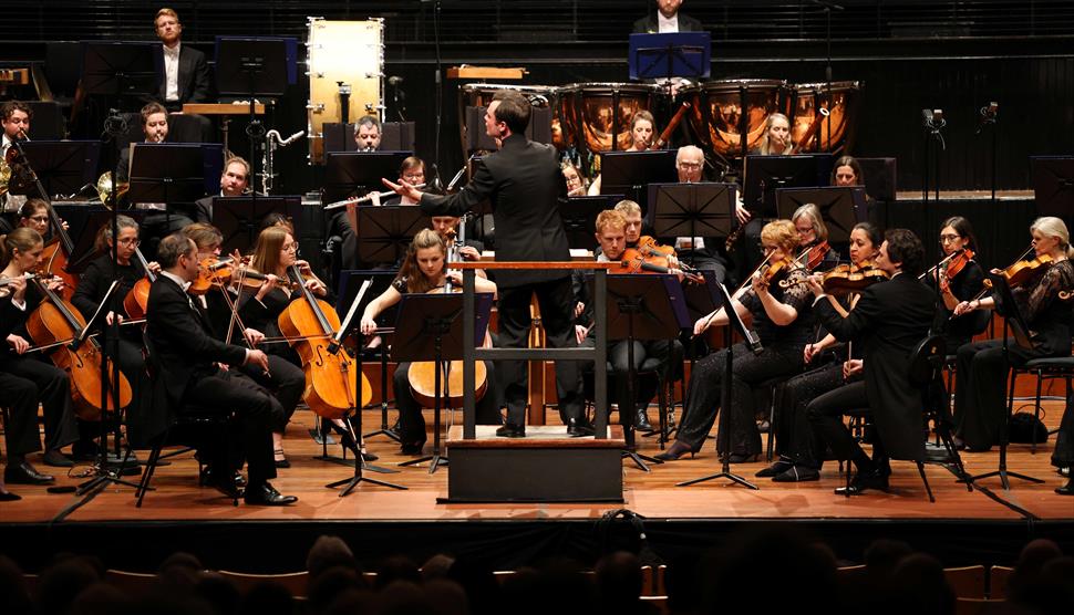 Conductor Tom Fetherstonhaugh conducting from the podium whilst the orchestra perform onstage.