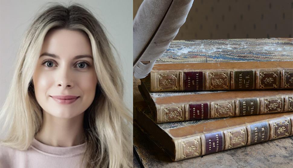 An image of Nichola McNulty alongside three volumes of a first edition of Pride and Prejudice