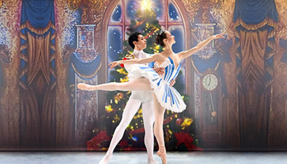 A male and female ballet dancer. The female dancer is doing an arabesque in a blue and white striped tutu. The male dancer is in an a white leotard an