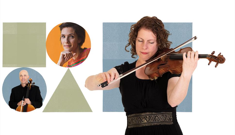 Musicians playing their instruments inside graphic shapes