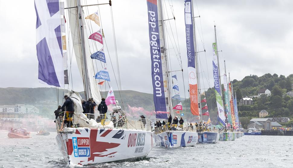 Our Isles and Oceans team leads Parade of Sail out of Oban - last stage in Clipper 2023-24 Race 4 - photo credit Martin Shields