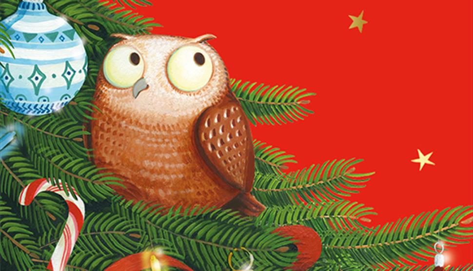 An illustration of an owl perched in a Christmas tree. A blue and white bauble, a red and white striped candy cane, and a few fairy lights are also on