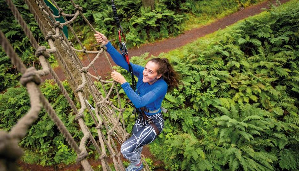 Climbing the cargo net after the Tarzan swing at Go Ape Moors Valley