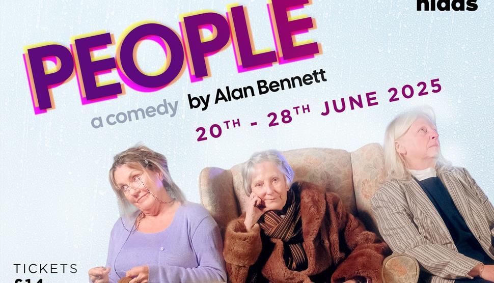 Poster for People - Three Ladies sit and look quisical as two gentlemen stand behind using mobile phones of framing the scene with their fingers.