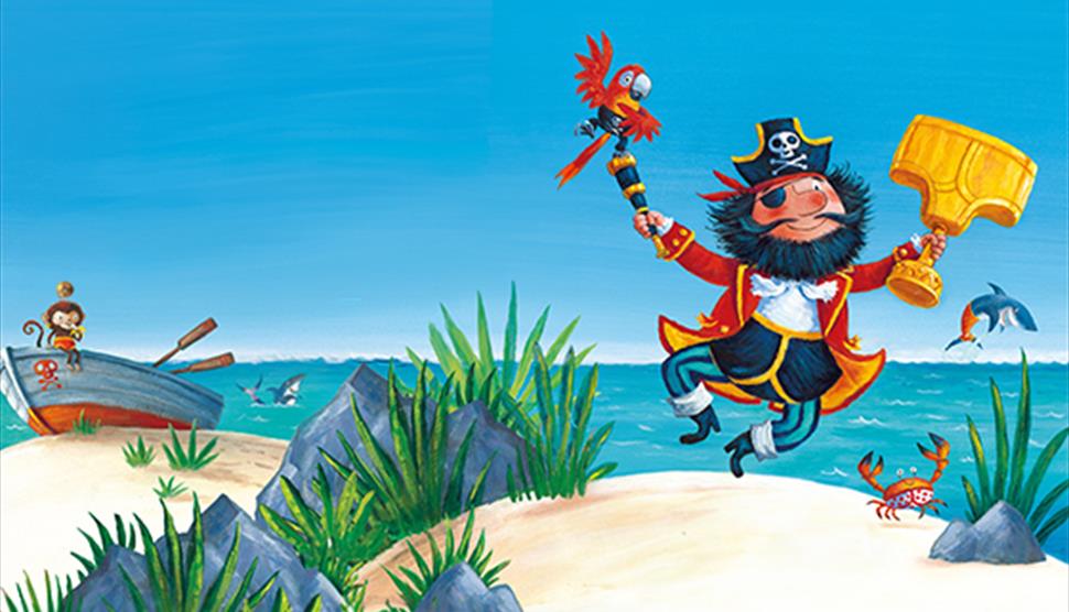 A vibrant illustration of a pirate on a sandy beach with the ocean in the background. The pirate, dressed in a traditional outfit with a red coat, bla