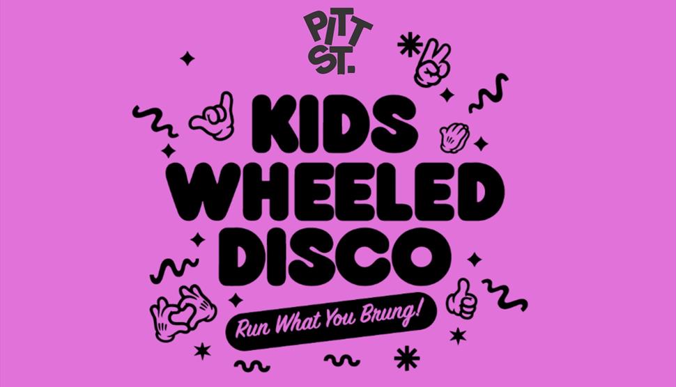 Pink poster for the Kids Wheeled Disco at Pitt St Skate Park