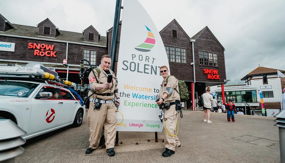 Two people dressed as Ghostbusters at the Port Solent Comic Con