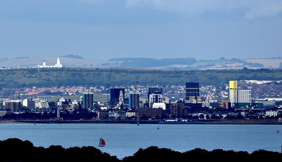 View looking out over Portsmouth and up towards Portsdown Hill from the Isle of Wight