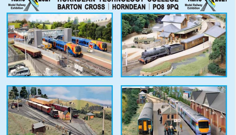 Portsmouth Railex Model Railway Exhibition flyer displaying pictures of layouts featured in the 2027 exhibition