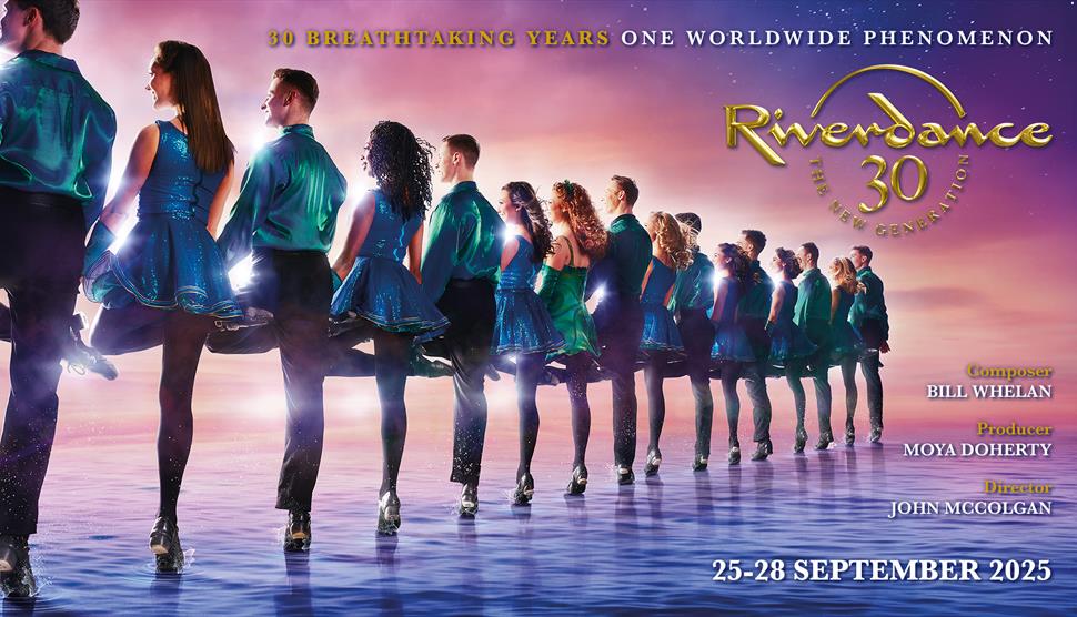 Line of Irish dancers dancing on water