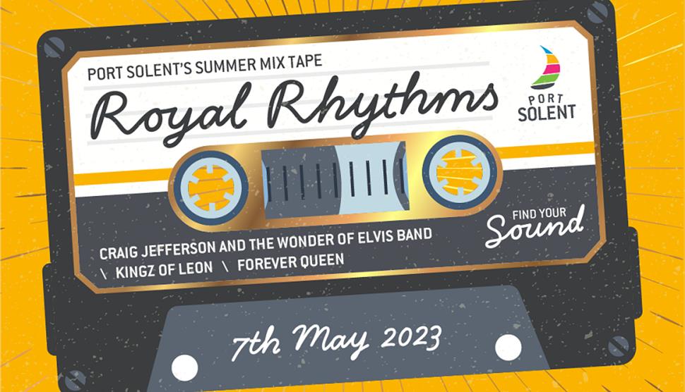 Image for Royal Rhythms at Port Solent featuring the event name on an illustration of a cassette tape