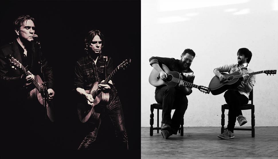 A split image of The 4 of Us on the left, dark black and white image of two men in dark clothes playing guitars in front of microphones. The right is