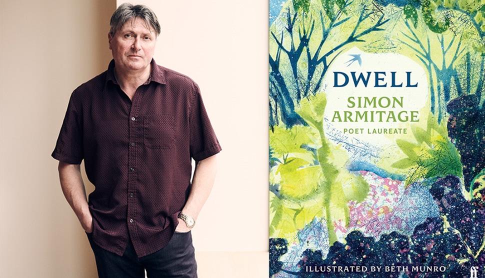 Poet Simon Armitage next to a copy of his new book Dwell.
