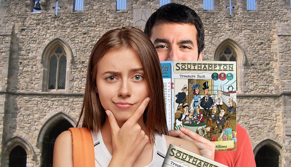 Southampton Bargate - a couple holding books Southampton Treasure Hunt Adventure: Titanic’s Missing Millions