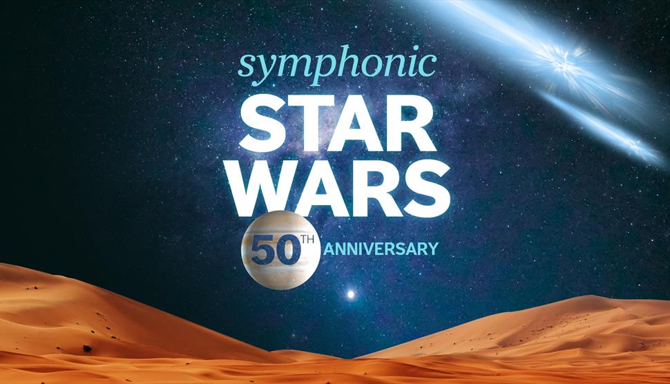 Symphonic Star Wars 50th Anniversary concert title in front of a space background