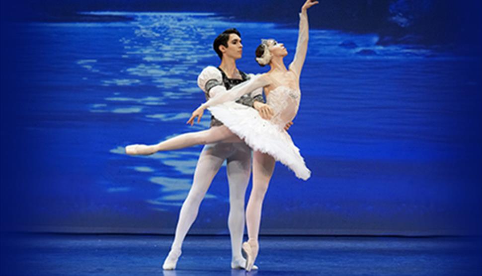 A male and female ballet dancer. The female dancer is doing an arabesque in a feather tutu. The male dancer is in an a green and black leotard with la