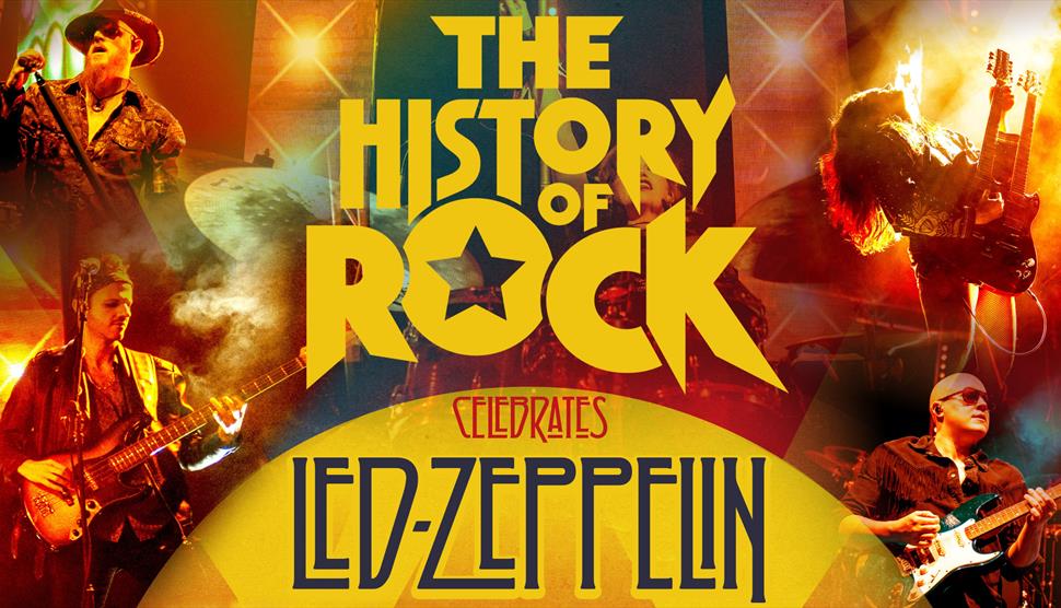 Rock musicians playing with text reading The History of Rock celebrates Led Zeppelin