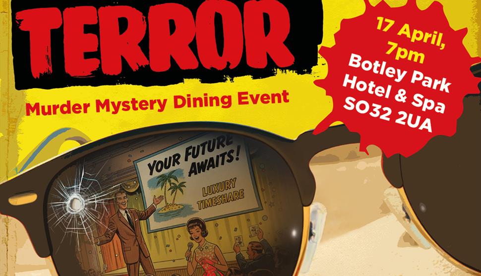 Promotional poster for "Timeshare Terror," a murder mystery dining event. Bold red title on a yellow background, with a retro illustration reflected i