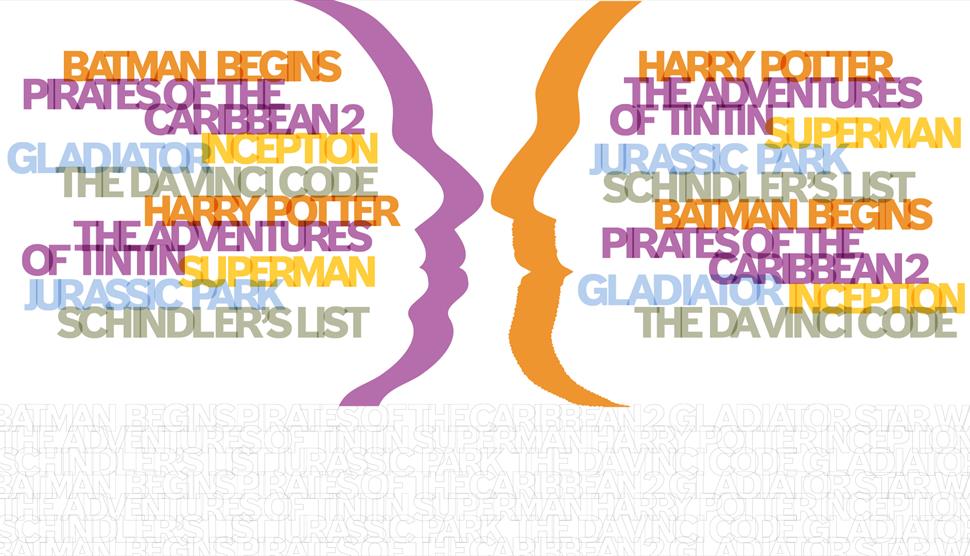 Two heads face to face, made up of film titles