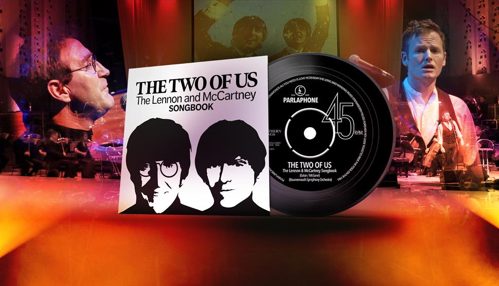 An album cover has the concert title and sillhouttes of Lennon and McCartney next to a record. In the background, the faces of the actors singing as t