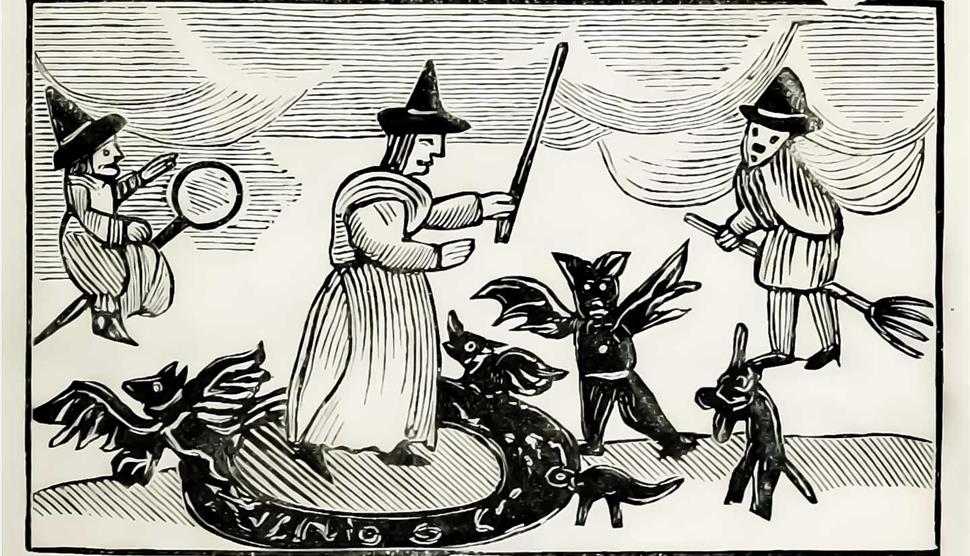 Tudor woodcut featuring witches
