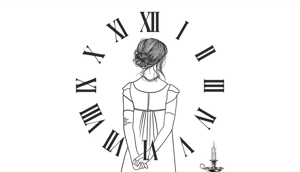 A sketch of a Regency lady stands with her back to the viewer surrounded by a clockface and with a candle placed to her right.