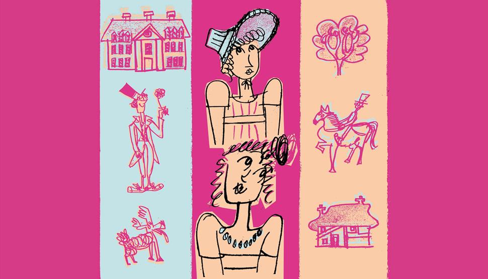 Illustrated characters from Sense & Sensibility appear on a bright pink background.