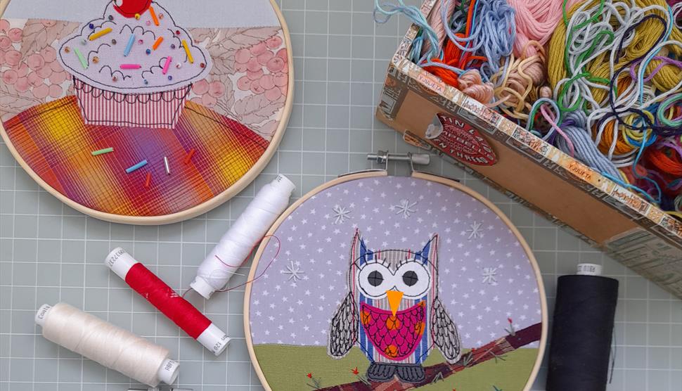 Hand stitched fabric applique picture workshop with Linda Miller at Winchester Cathedral