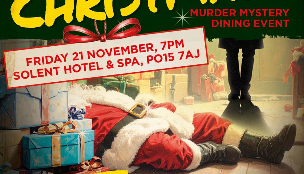 Poster saying 'Who killed Father Christmas'. Showing Father Christmas lying on the floor behind a pile of colourfully wrapped presents with a shadowy