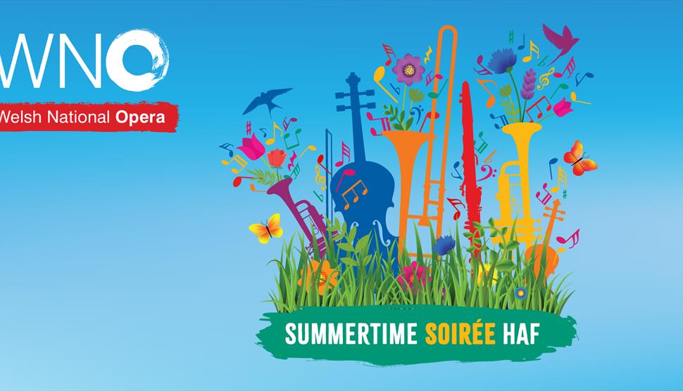 The image displays orchestral instruments sat upright in grass with birds and musical notes flying out of them. The image is set to a blue background