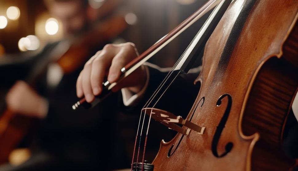 Close-up of a musician playing a cello during a live orchestral performance, with another string player softly blurred in the background.