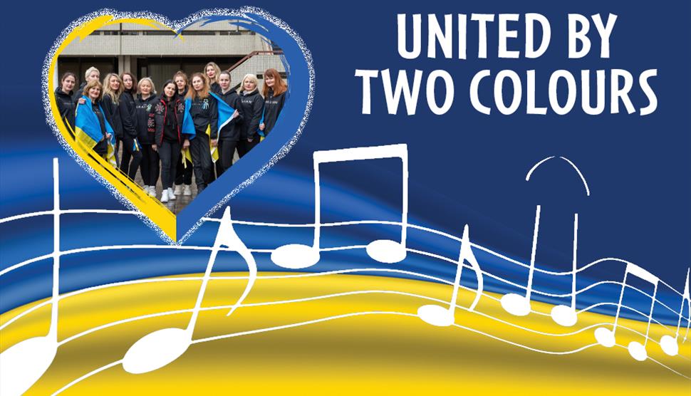 The Ukrainian Flag with a photograph of a choir and musical symbols, illustrating the theme of unity through their harmonious interaction.
