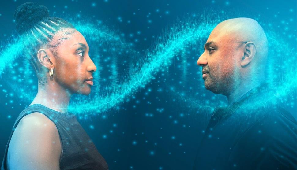 a man and a woman look at each other with a background of swirling blue lights