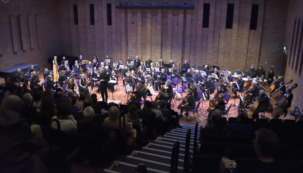 An orchestra is seated on the Turner Sims stage with an audience watching.