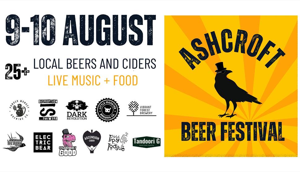 a bird with a top hat on the right with columns of brewery logos on the left