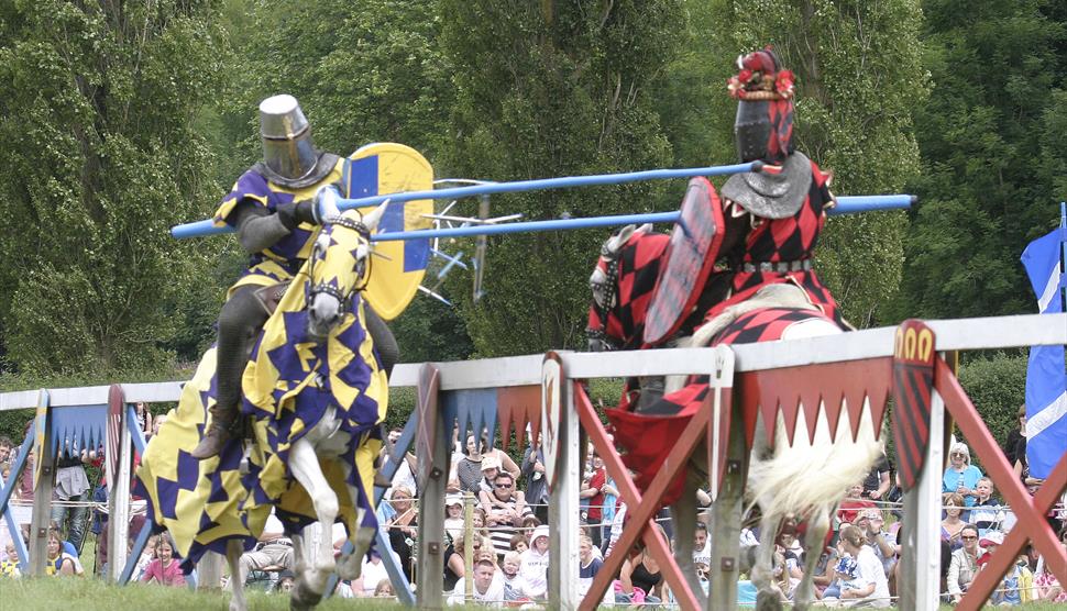 Two knights on horses jousting
