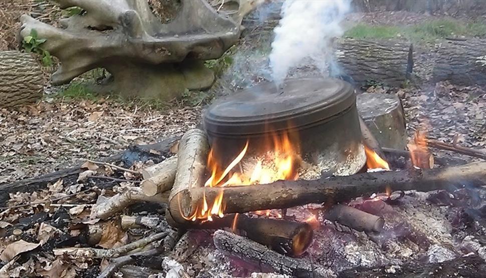 Charcoal cooking in a tin over the fire in an ancient woodland.