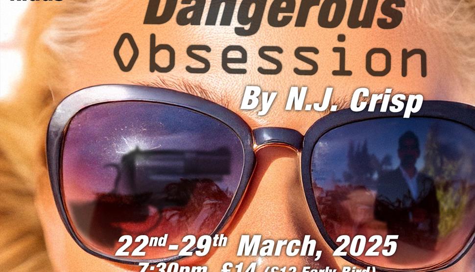 Poster - A lady is wearing sunglasses. In the reflection we see she shadow of a man and a revolver.