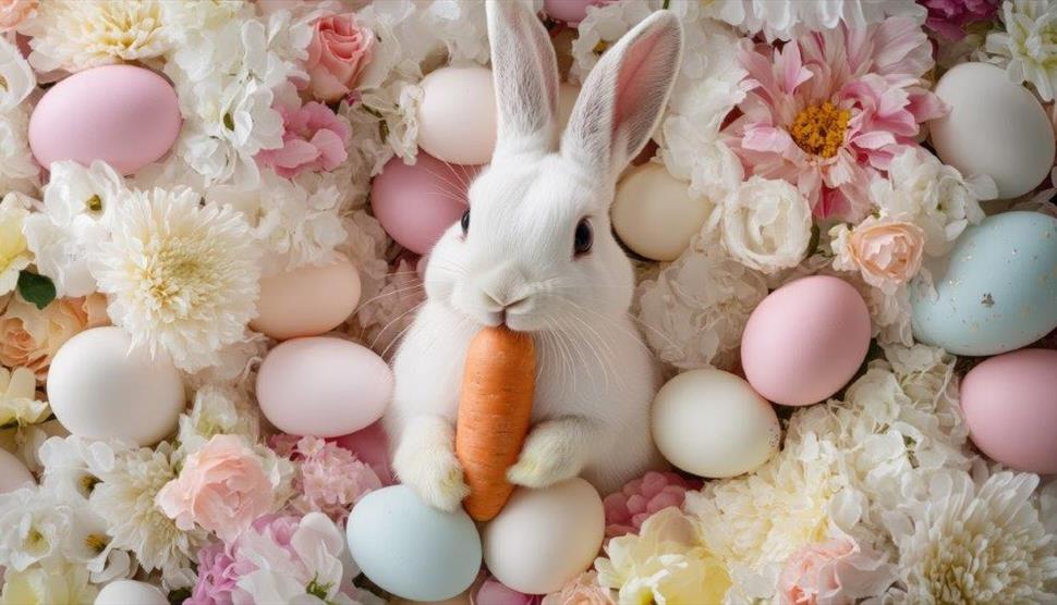 Rabbit with carrot laying in a background of Easter eggs