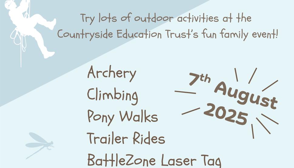 Image showing some of the activities you can try at the event. Archery, Climbing, Pony Walks, BattleZone Laser Tag, Pond Dipping, Trailer Rides and mo