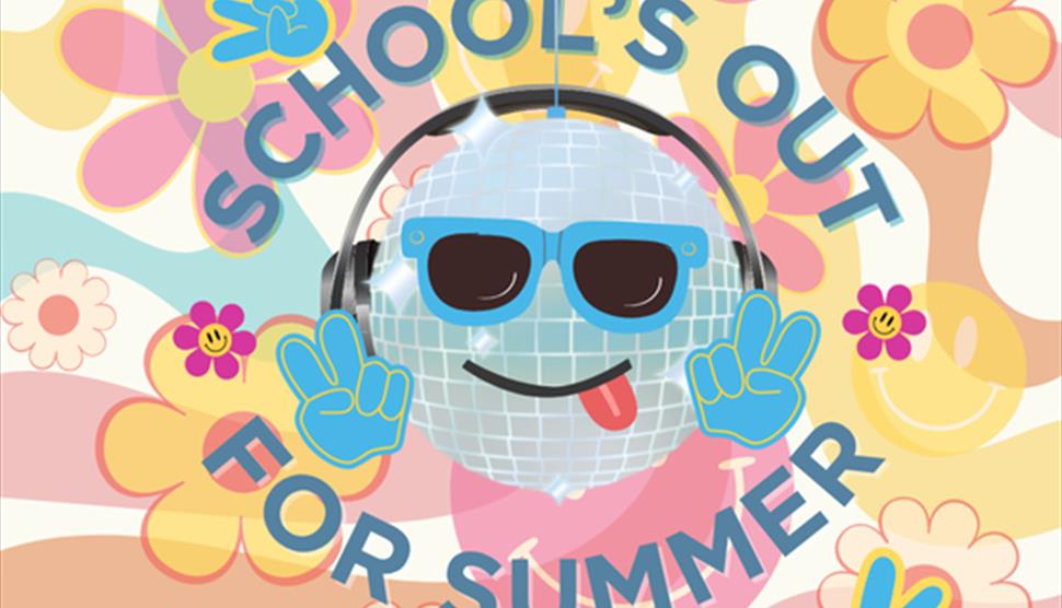 Graphic image of Disco Ball with smily face dancing wearing headphones