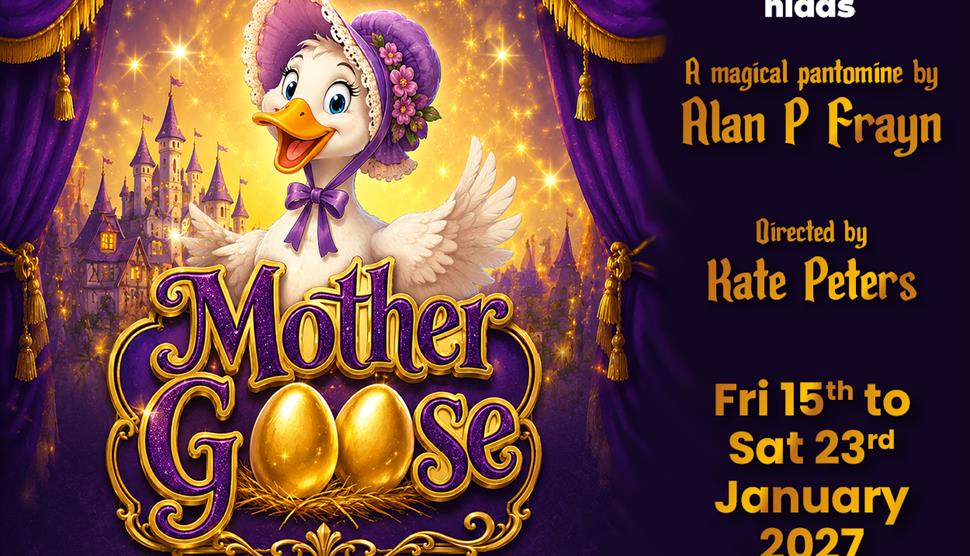 A poster featuring a smiling goose wearing a bonnet.